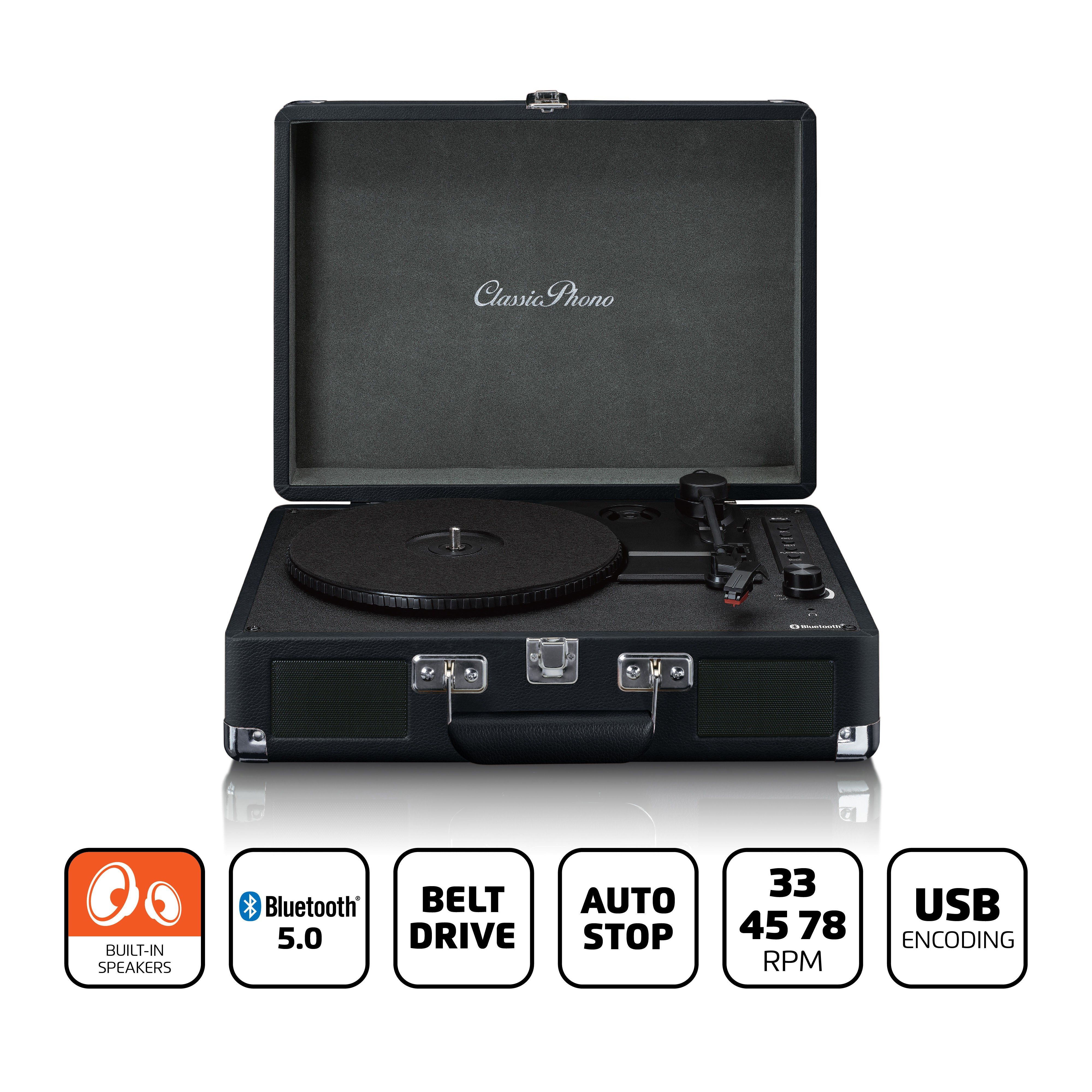 Lenco TT-115BK - Retro Turntable with Bluetooth and Built-in Speakers, Black