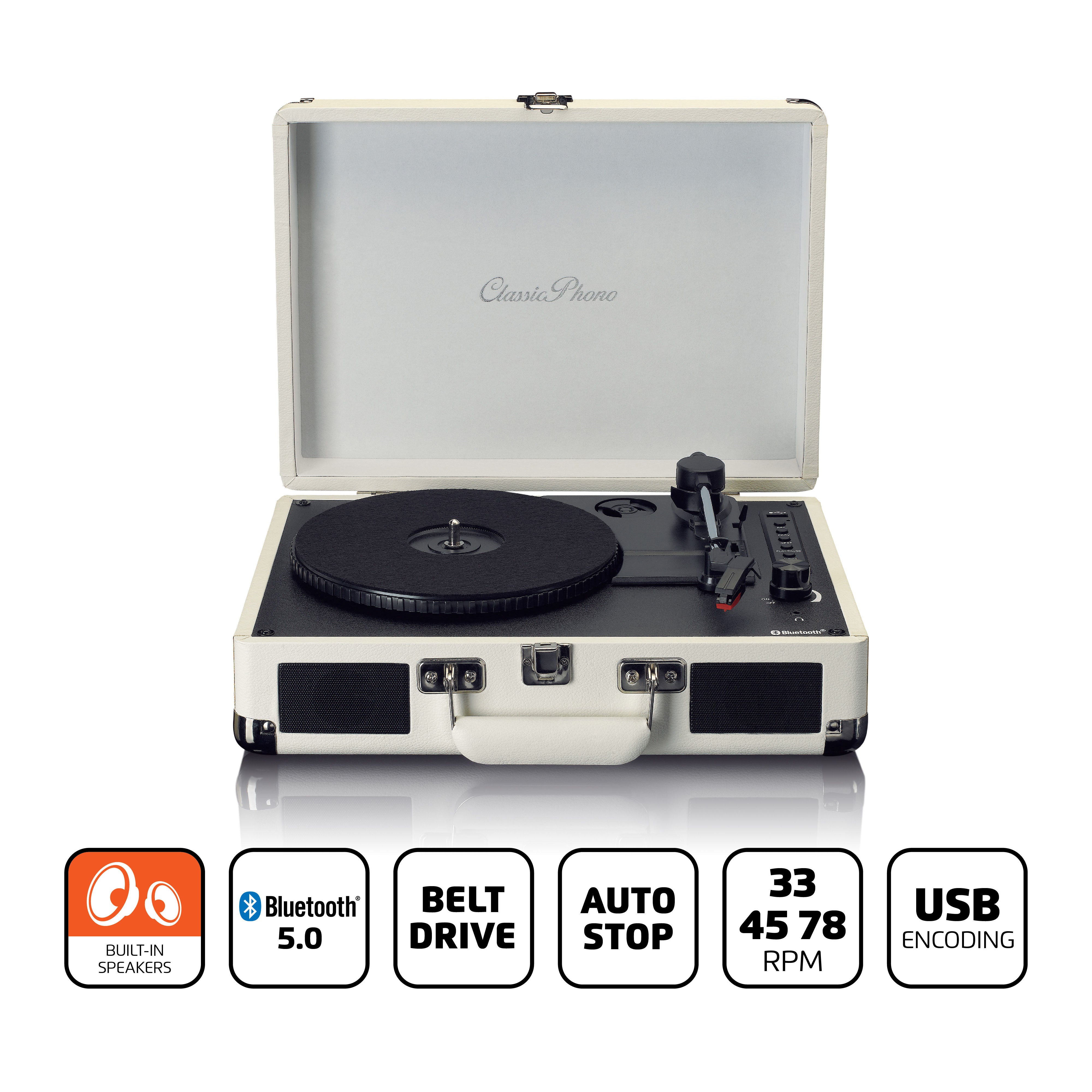 Lenco TT-115CR - Retro Turntable with Bluetooth and Built-in Speakers, Cream
