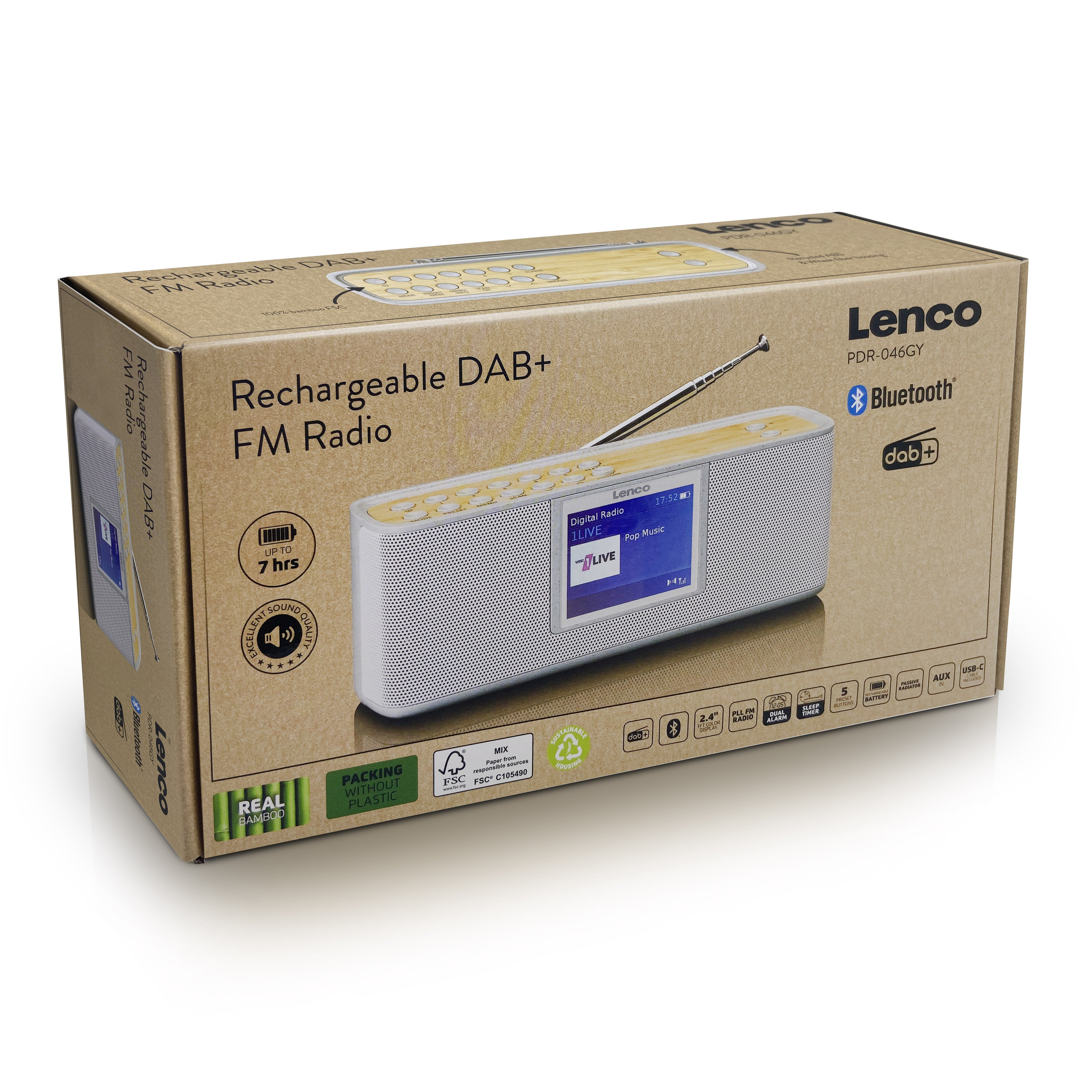 LENCO PDR-046GY - Eco DAB+ radio met Bluetooth® 5.0, white/bamboo - Refurbished