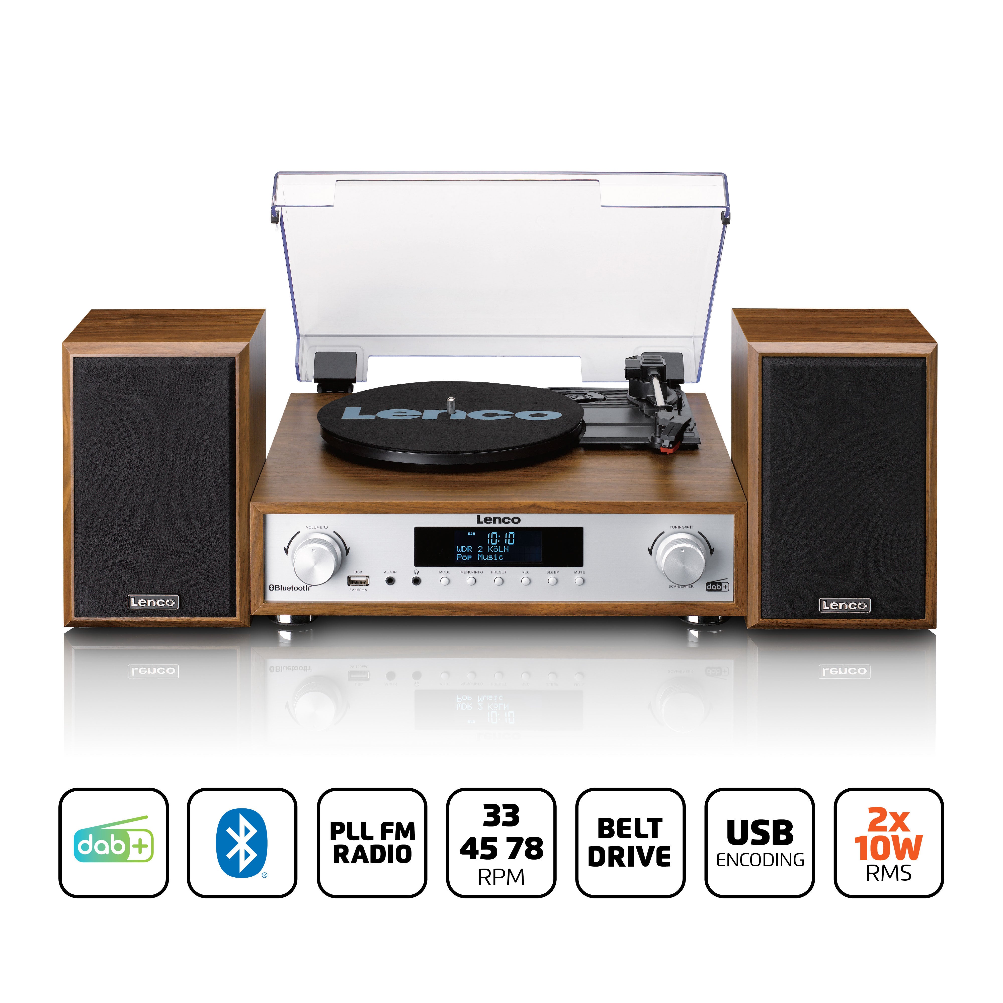 Lenco MC-160WD, Turntable with Bluetooth and Speakers, Wood - Refurbished