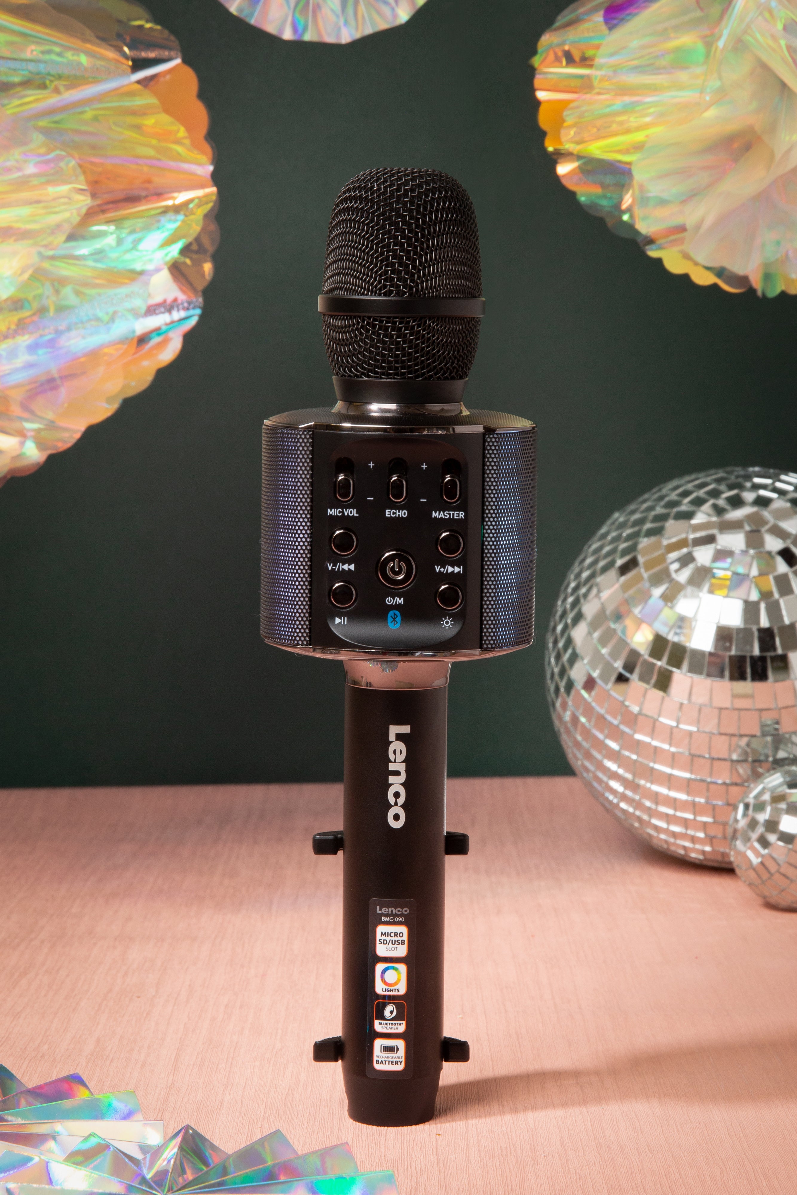 LENCO BMC 090BK Bluetooth Karaoke microphone with speaker lighting Black